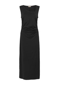 Rochie neagră fără mâneci, fabricată dintr-un material neted, având un design cu pliuri pe lateral și o croială dreaptă care ajunge sub genunchi.