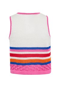 Stickad ärmlös topp i vitt med livliga horisontella ränder: rosa, röd, blå, orange, avslutad med en strukturerad rosa midjeresår.