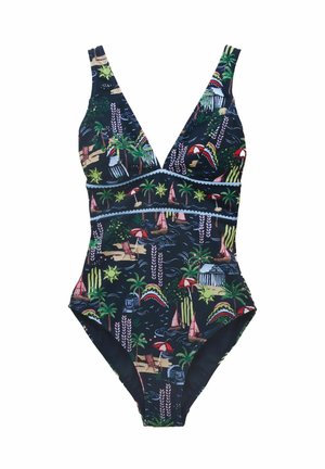 Einteiliger Badeanzug mit tiefem V-Ausschnitt, verziert mit farbenfrohem tropischem Strandmotiv, das Palmen, Segelboote, Sonnenschirme und Sonnenmotive auf schwarzem Hintergrund zeigt.
