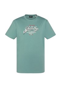 Camiseta de algodón verde menta con mangas cortas, que presenta un estampado gráfico en blanco y rojo de "Schott NYC" con acentos alados.