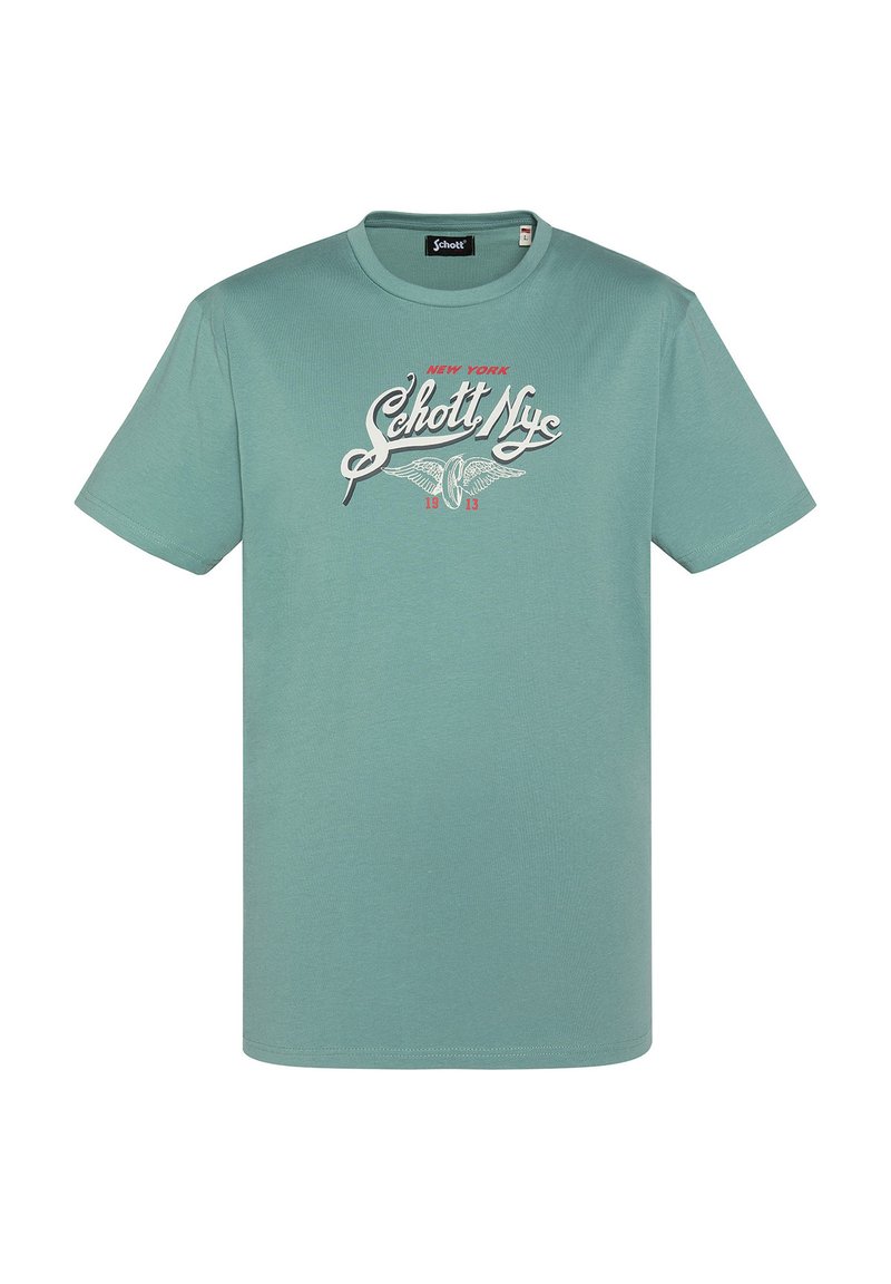 Camiseta de algodón verde menta con mangas cortas, que presenta un estampado gráfico en blanco y rojo de "Schott NYC" con acentos alados.