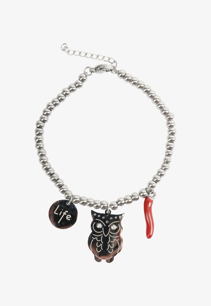 Braccialetto di perline argentate con gufo, peperoncino rosso e ciondolo circolare "Vita"; presenta metallo lucido, dettagli in rilievo e forme varie.