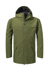 Grüne, wasserdichte Jacke mit Reißverschluss vorne, verstellbare Kapuze und zwei Vordertaschen. Glatte Textur mit minimalistischen Design und Logo-Akzenten.