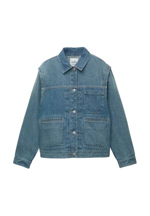 Blaue Jeansjacke mit langen Ärmeln, Knopfverschluss und drei Fronttaschen, zwei große und eine Brusttasche.