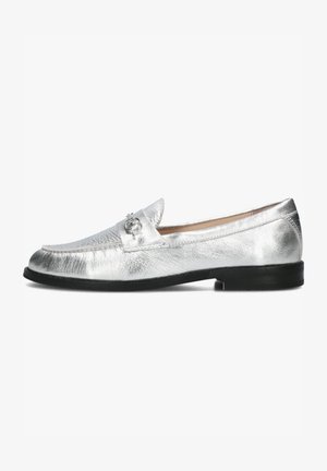 Silver metallic leather loafer with a rounded toe, stitched details, and a small decorative accent on the mid-foot. Black rubber sole.