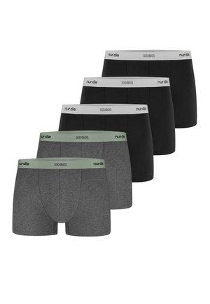Fünf Paar Herren-Boxershorts in Schwarz und Grau, jeweils mit einem weißen oder grünen elastischen Bund mit Markenlogo.