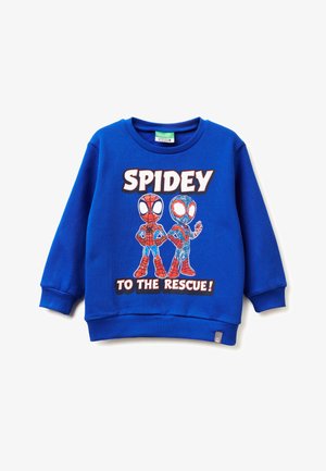 Felpa blu con scollo a girocollo caratterizzata da una grafica di due personaggi di Spider-Man e il testo "SPIDEY ALLA RICERCA!" in evidenza.