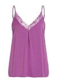 Purple camisole with lace trim at the V-neckline. Adjustable spaghetti straps and a loose fit, made from soft, lightweight fabric.