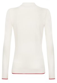 Langarm-Pullover in Off-White, mit einer figurbetonten Passform, gerippten Bündchen und Saum sowie einem roten Akzent am unteren Rand. Einheitliche Textur.