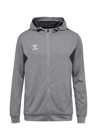 Grau zip-up Hoodie aus weichem Stoff mit verstellbarem Kapuzenzug, schwarzen Akzenten an den Seiten und einem Logo auf der oberen linken Brust.