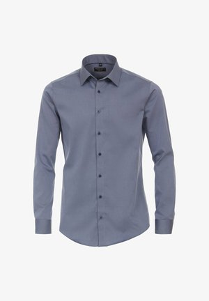 Langärmliges Button-up-Hemd in Dunkelblau, aus glattem Stoff hergestellt, mit klassischem Kragen und passenden Knöpfen. Taillierte Passform mit Ärmeln.