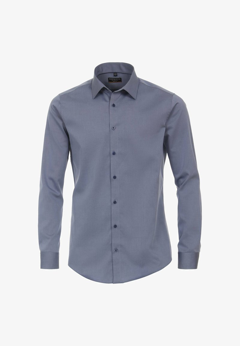 Langärmliges Button-up-Hemd in Dunkelblau, aus glattem Stoff hergestellt, mit klassischem Kragen und passenden Knöpfen. Taillierte Passform mit Ärmeln.