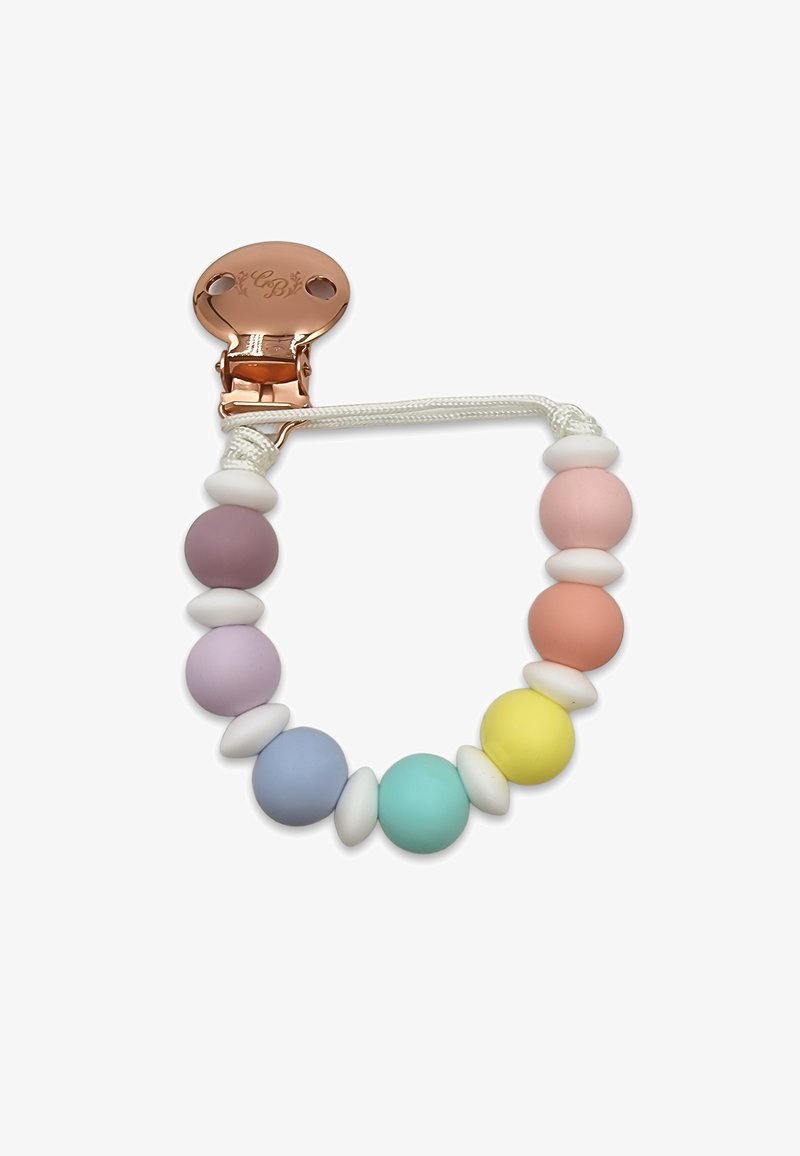 Clip sughero in silicone con perline rotonde color pastello: lavanda, rosa, pesca, blu, verde, giallo e dettagli bianchi con clip in oro rosa.