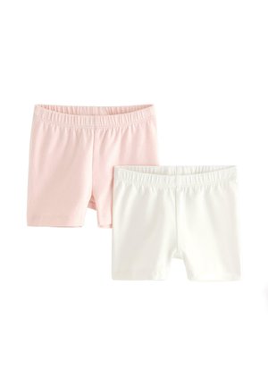 To par elastiske shorts med almindeligt taljebånd til børn, den ene i blød lyserød og den anden i hvid, lagt fladt på en hvid baggrund.