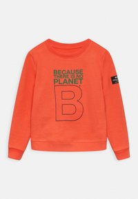 Orange sweatshirt i mjukt material, med textgrafik "FÖR DET FINNS INGEN PLANET B" i grönt och marinblått. Ribbad mudd vid ärmar och halsringning.