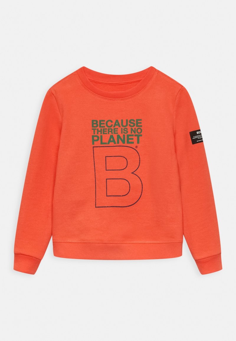 Orange sweatshirt i mjukt material, med textgrafik "FÖR DET FINNS INGEN PLANET B" i grönt och marinblått. Ribbad mudd vid ärmar och halsringning.
