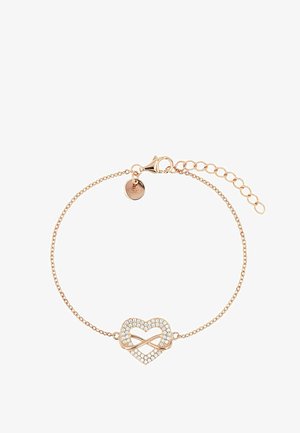 Delicaat rosegouden kettingarmbandje met een hartvormig hangertje bezet met kleine heldere kristallen en een oneindigheidssymbool over het hart.