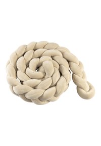 Beige braided cushion made of soft fabric, coiled in a spiral shape. The texture appears plush with rounded ends and a smooth surface.