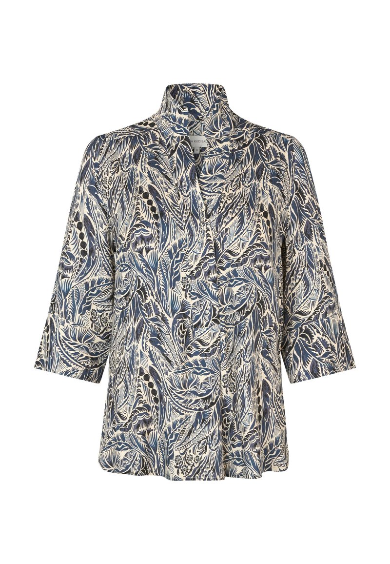 Marineblå og cremefarvet kortærmet bluse med bladmønster, der har en opretstående krave og en afslappet pasform for komfort.