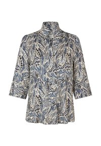 Camisa de estampado floral con cuello alto, mangas tres cuartos, hecha de un tejido ligero en azul marino y crema, que presenta intrincados patrones de hojas.