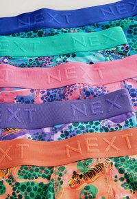 Öt színes boxernadrág állat- és természetmintás anyagból, mindegyik széles derékpánttal, amelyen a "NEXT" felirat különböző színekben van gravírozva.