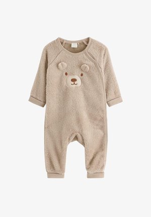 Beige fluffy babydragt med lange ærmer og trykknapper, med en bjørneansigt og ører foran.