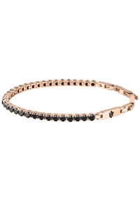Armbands i roséguld med en rad av svarta stenar i en flexibel klämdesign, med ett säkert lås och diskret detaljer.