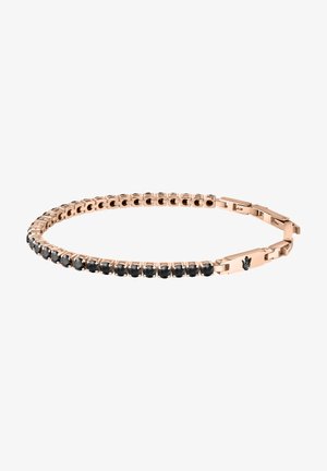 Bracelet en or rose avec une ligne de pierres noires serties dans un design à griffes flexible, doté d'un fermoir sécurisé et de détails discrets.