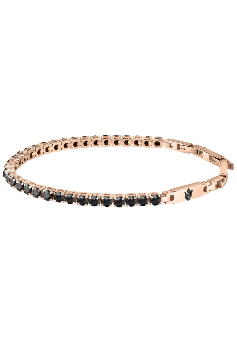 Armbands i roséguld med en rad av svarta stenar i en flexibel klämdesign, med ett säkert lås och diskret detaljer.