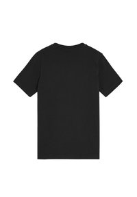 Sort bomulds t-shirt med korte ærmer, rund halsudskæring og en glat tekstur. Ingen synlige mønstre eller grafik på ryggen.