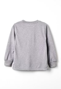 Šedá mikina s dlouhým rukávem vyrobená z bavlněné směsi. Má kulatý výstřih a žebrované manžety s hladkou texturou.