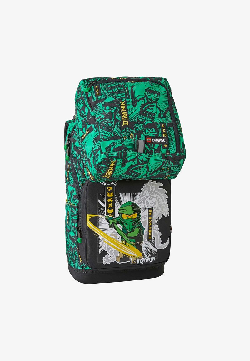 Green LEGO ninjago backpack with graphic patterns, a front zippered pocket featuring a ninja, and adjustable straps on a fabric body.