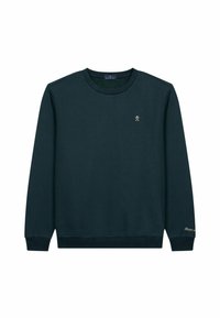 Sudadera verde oscuro de algodón, con cuello redondo, mangas largas y un pequeño logo en el pecho. Textura suave.