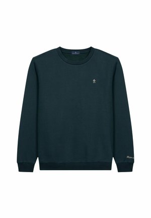 Dark green sweatshirt made of cotton, featuring a round neckline, long sleeves, and a small logo on the chest. Smooth texture.