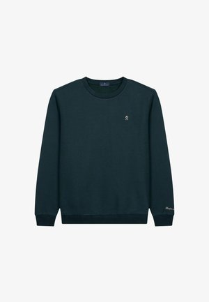 Ciemnozielona bluza z bawełny, z okrągłym dekoltem, długimi rękawami i małym logo na piersi. Gładka tekstura.