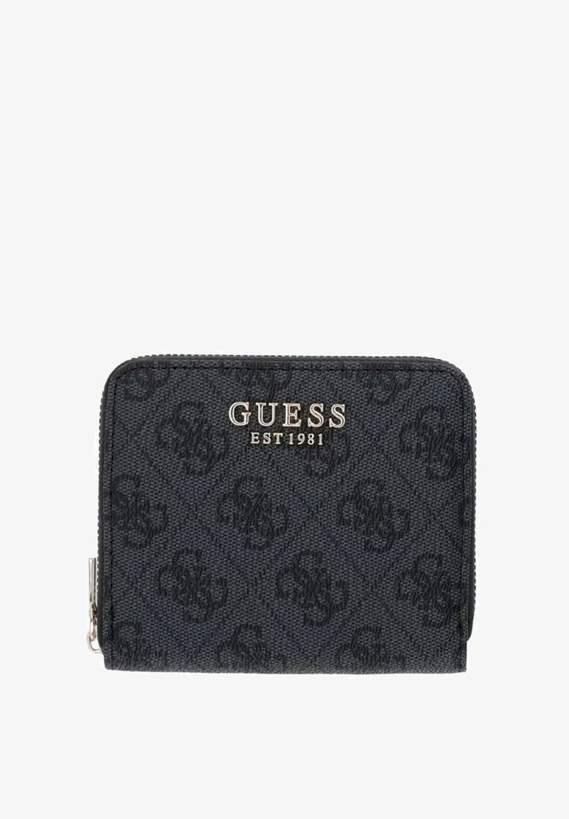 Μαύρο πορτοφόλι Guess με φερμουάρ γύρω-γύρω, με ανάγλυφο σχέδιο και ασημένιο μεταλλικό λογότυπο Guess EST 1981 μπροστά.