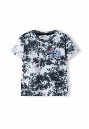 T-shirt à manches courtes en coton tie-dye noir et blanc. Il présente un col rond et un imprimé graphique avec le texte "Cool Days" en bleu.