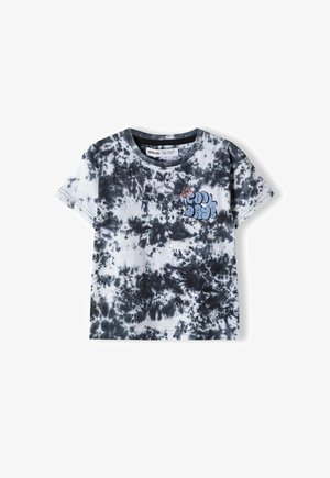 Trumpas rankovės marškinėliai juodos ir baltos spalvos puokštėje, pagaminti iš medvilnės. Yra apvalus kaklas ir grafika su tekstu "Šaunios dienos" mėlyna spalva.