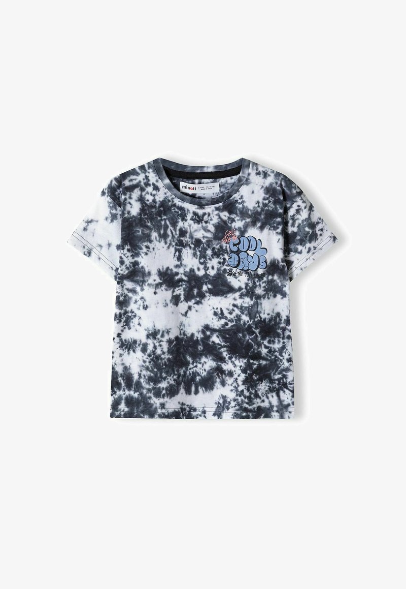 Krátký rukáv tričko v černobílé batikované bavlně. Má kulatý výstřih a grafický potisk s textem "Cool Days" v modré barvě.