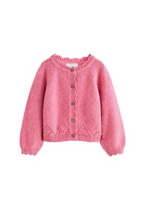 Rosa gestrickte Strickjacke mit einem gewellten Ausschnitt, Knopfleiste und strukturierten Mustern am Saum. Hat lange Puffärmel und gerippte Bündchen.