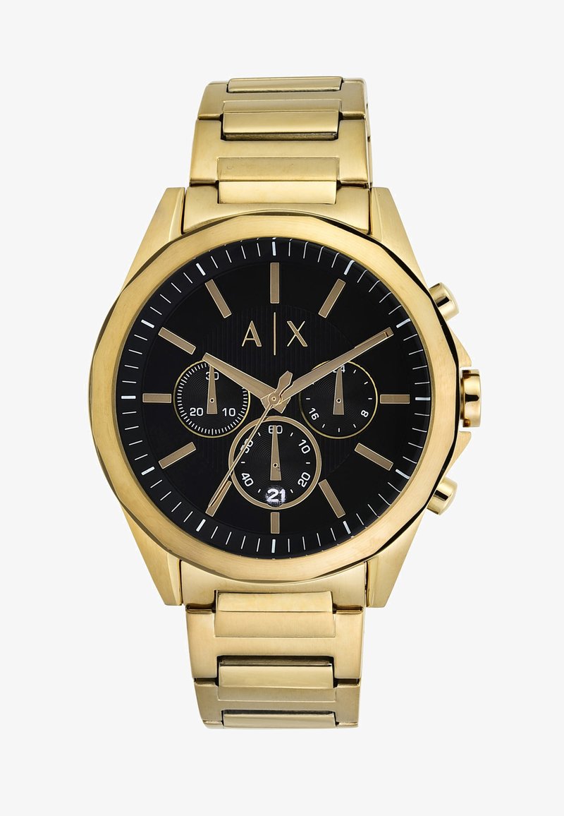 Gold metal wristwatch with black dial, three subdials, gold hour markers, and hands showing 10:09:35.