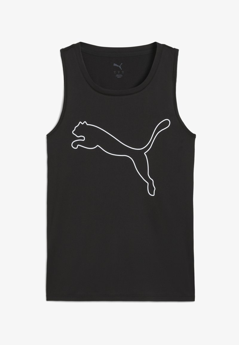 Musta ilmanhiha tank-toppi, joka on valmistettu sileästä kankaasta ja siinä on etupuolella kontrastina valkoinen pomppiva Puma-logo.