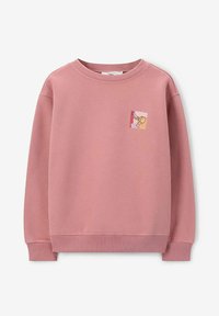 Roze sweatshirt met een geribbelde kraag en boorden. Kenmerkt zich door een kleine, kleurrijke grafische patch op de voorkant. Zachte stof en een ontspannen pasvorm.