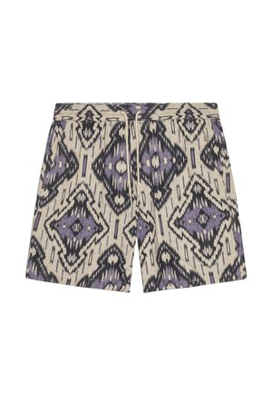 Gemusterte Shorts mit einem cremefarbenen Grundton und schwarzem sowie lila geometrischem Design, einem elastischen Bund mit Kordelzug und einer lockeren Passform.