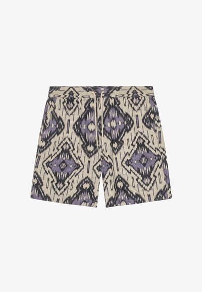 Gemusterte Shorts mit einem cremefarbenen Grundton und schwarzem sowie lila geometrischem Design, einem elastischen Bund mit Kordelzug und einer lockeren Passform.