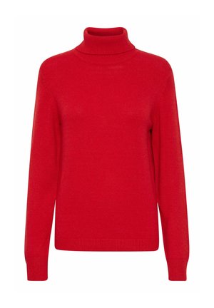 Raudona golfo megztinis su ilgomis rankovėmis, pagamintas iš minkštos medžiagos. Savybė yra raukšlėti rankogaliai ir apačia, sklandi tekstūra bei klasikinė siluetas.