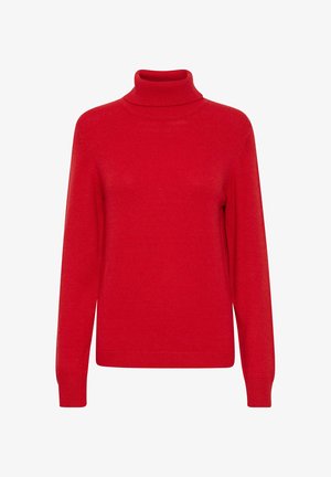 Rdeča pulover s turtleneck ovratnikom in dolgimi rokavi, izdelan iz mehkega materiala. Ima rebraste manšete in rob, gladko teksturo in klasično silhueto.