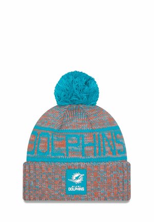 Strickmütze mit einem türkisfarbenen Pompon, orange- und tealfarbenem Muster sowie einem Miami Dolphins Logo-Patch am Bündchen.