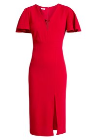 Czerwona sukienka z dekoltem w serek, krótkimi falbankowymi rękawami i rozcięciem po boku. Wykonana z gładkiego materiału z dopasowanym wcięciem w talii. Zamek błyskawiczny z tyłu.