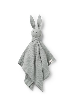 Blød grå baby-tæppe med en kaninhoved, broderede øjne, en butterfly og en knitrende stofkropsdel.